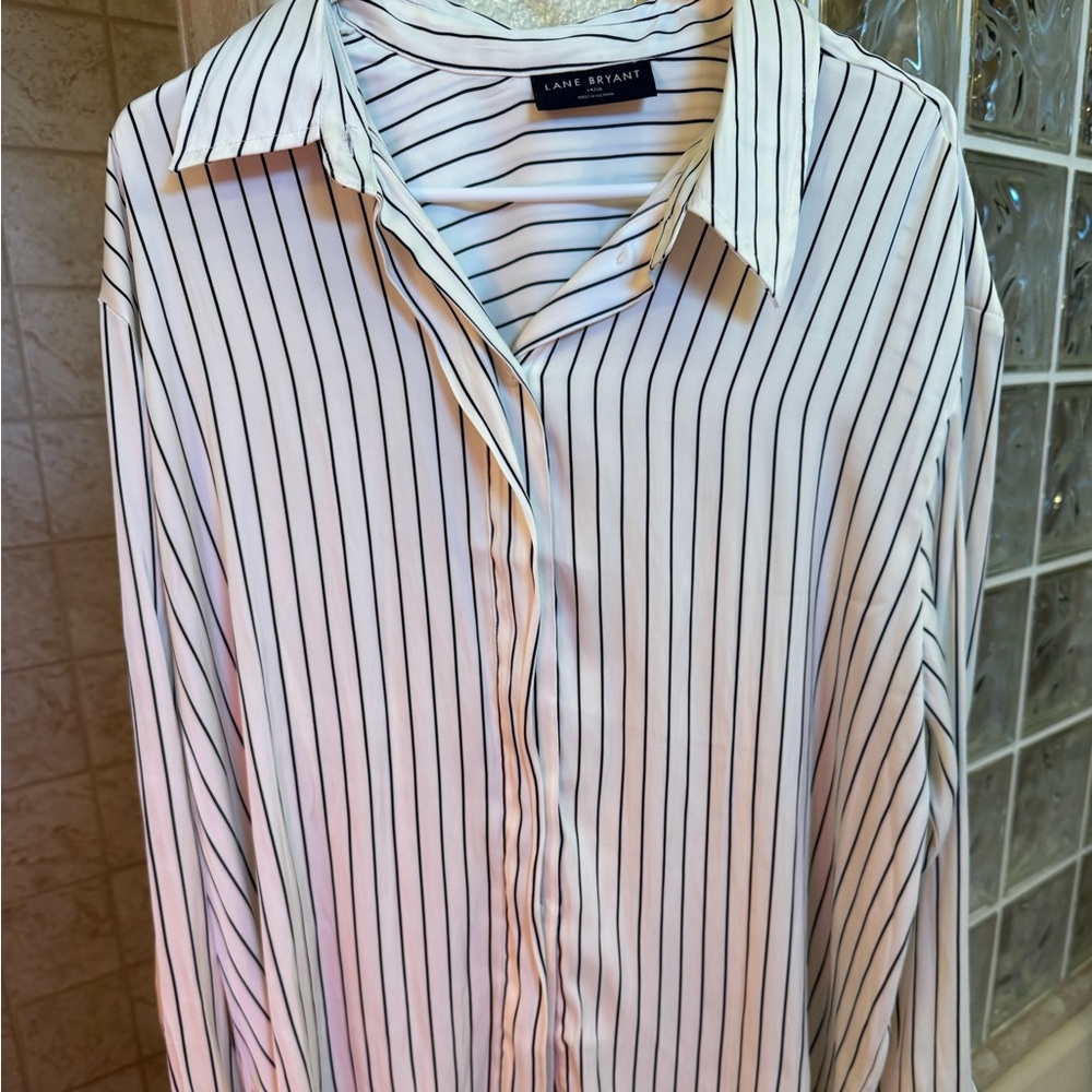 Lane Bryant wrinkle free satiny Striped Button-Up Shirt